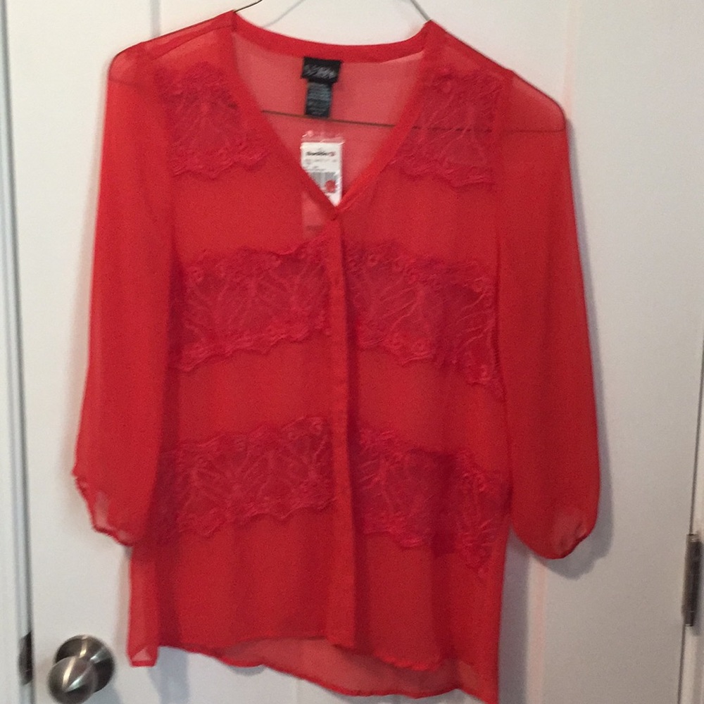 Sheer and lace button front top